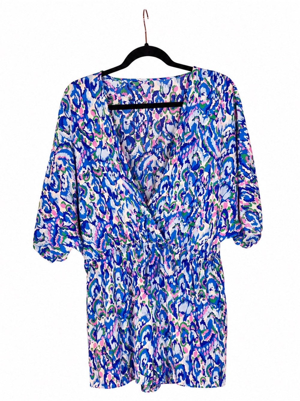 CUPSHE Women’s Romper Size L Blue Floral Abstract Faux Wrap 3/4 Sleeve Boho
